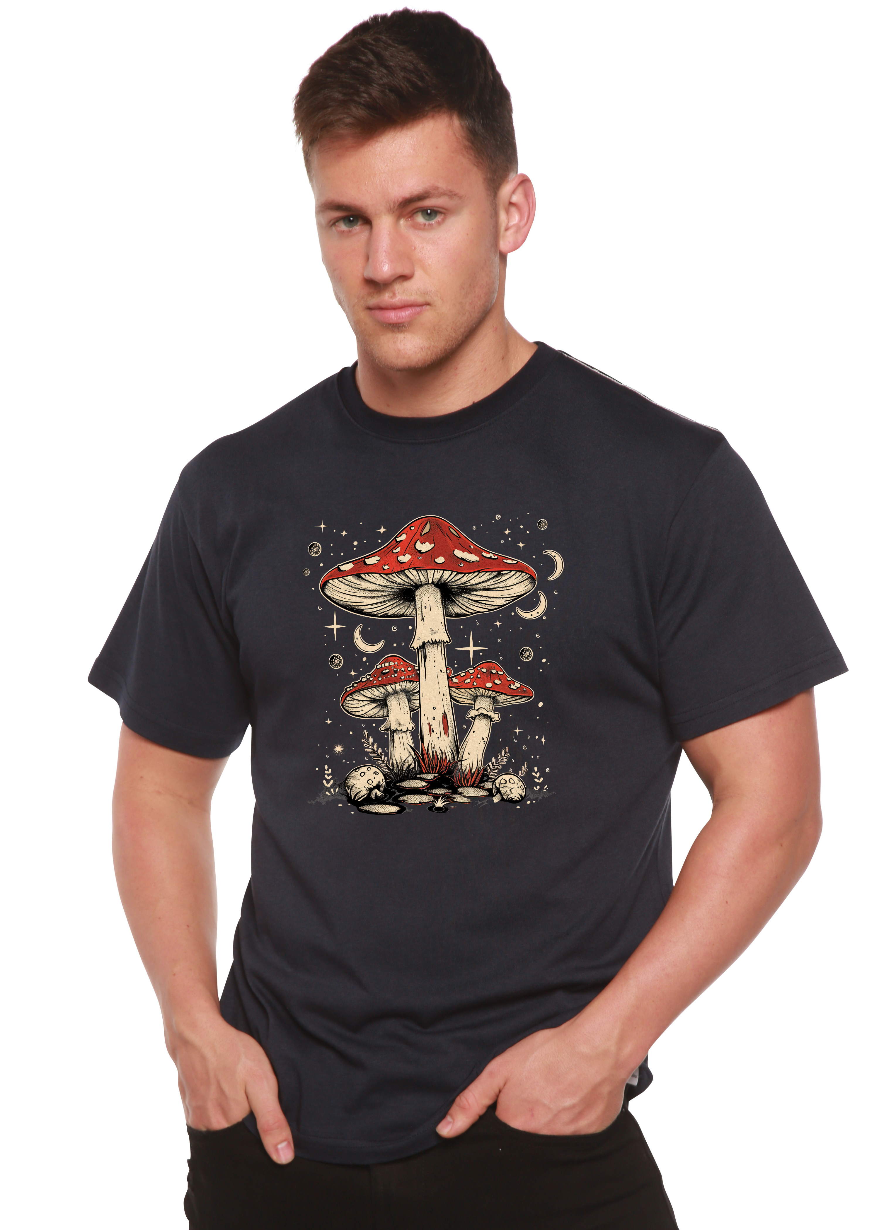 Spun Bamboo Boho Retro Hippie Mushrooms Natural Unisex Bamboo/Cotton Graphic T-Shirt