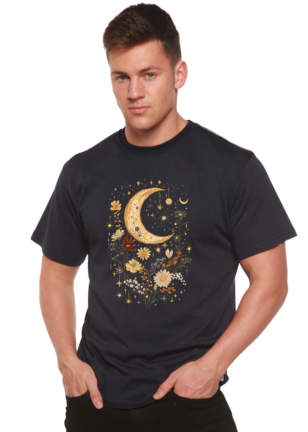 Spun Bamboo Celestial Moon Boho Flowers Vintage Unisex Bamboo/Cotton Graphic T-Shirt