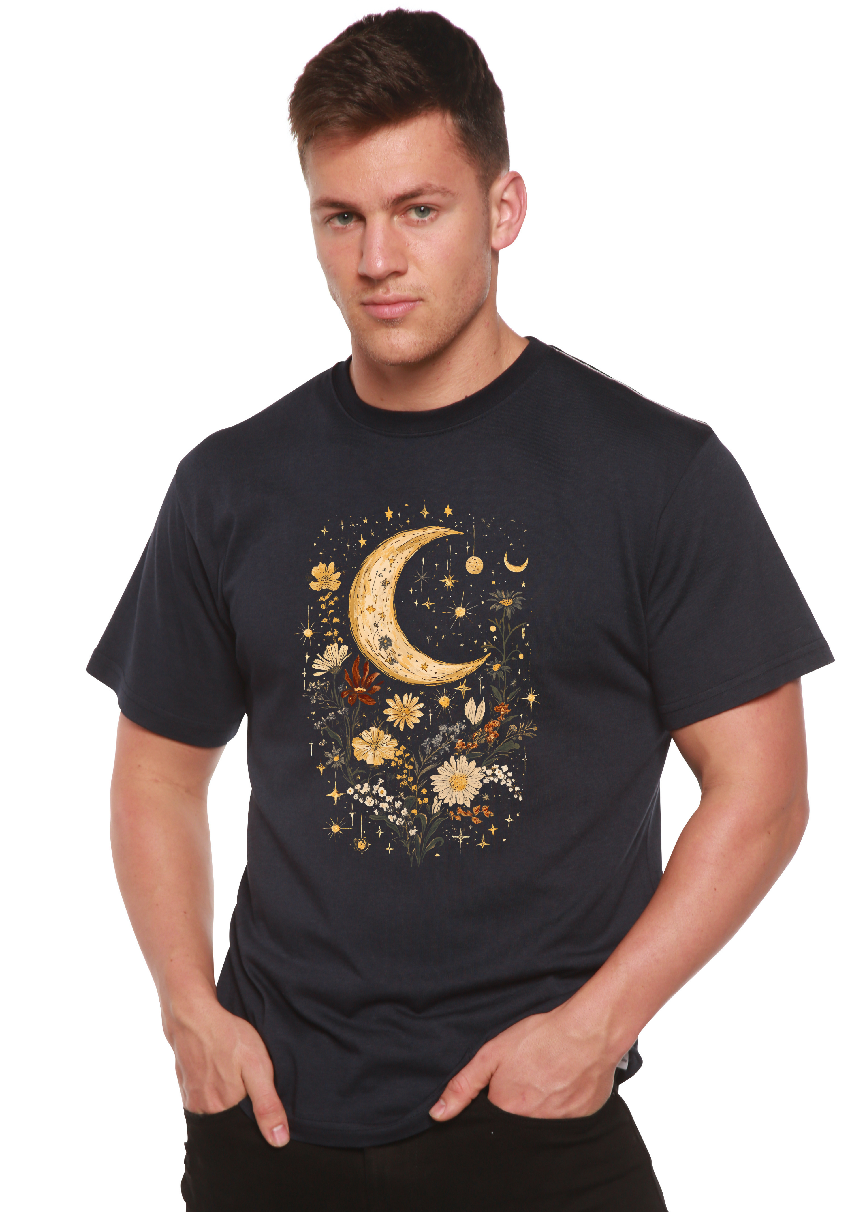 Spun Bamboo Celestial Moon Boho Flowers Vintage Unisex Bamboo/Cotton Graphic T-Shirt