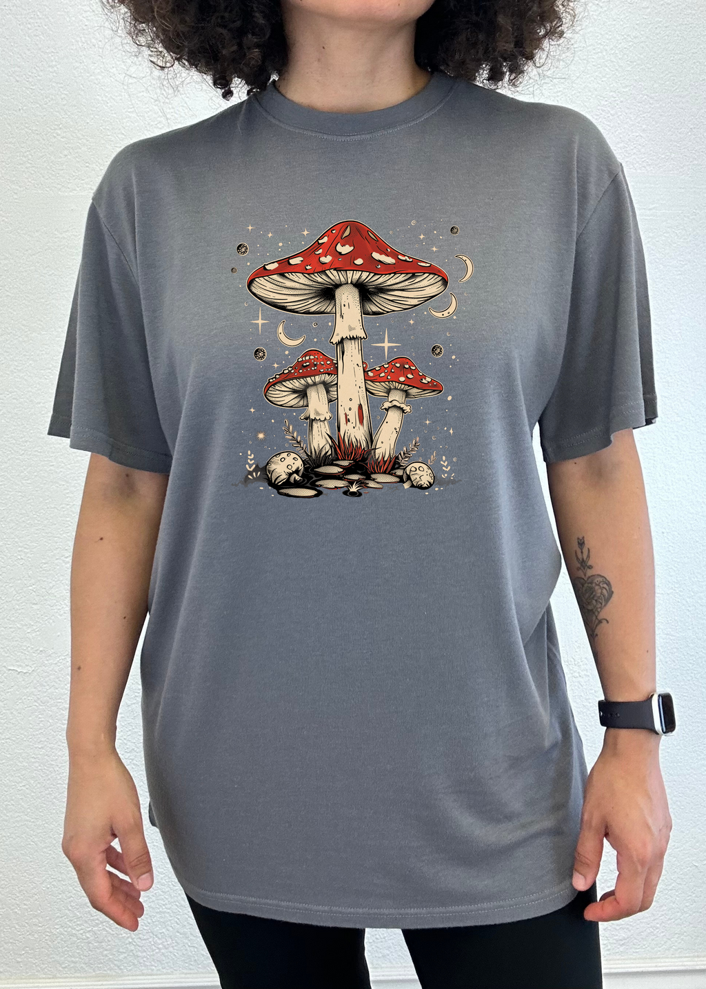 Spun Bamboo Boho Retro Hippie Mushrooms Natural Unisex Bamboo/Cotton Graphic T-Shirt