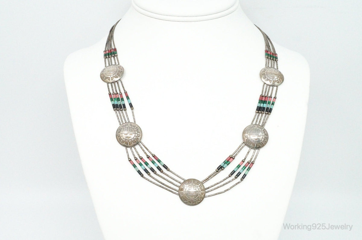 Vintage Native American Multi Gem Bead Kachina Sterling Silver Necklace