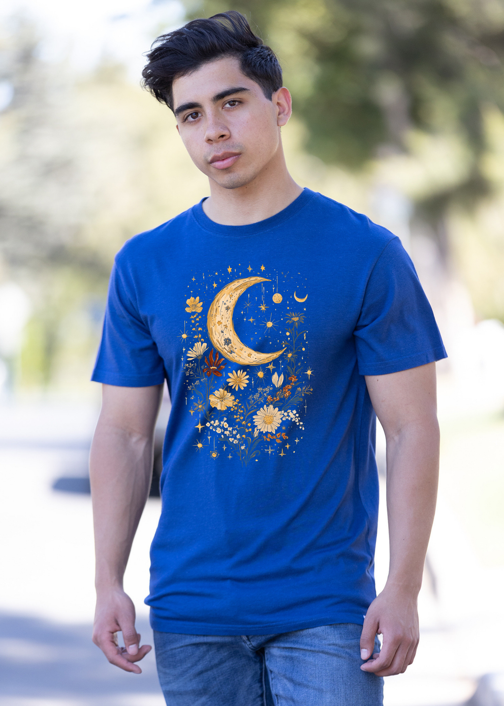 Spun Bamboo Celestial Moon Boho Flowers Vintage Unisex Bamboo/Cotton Graphic T-Shirt