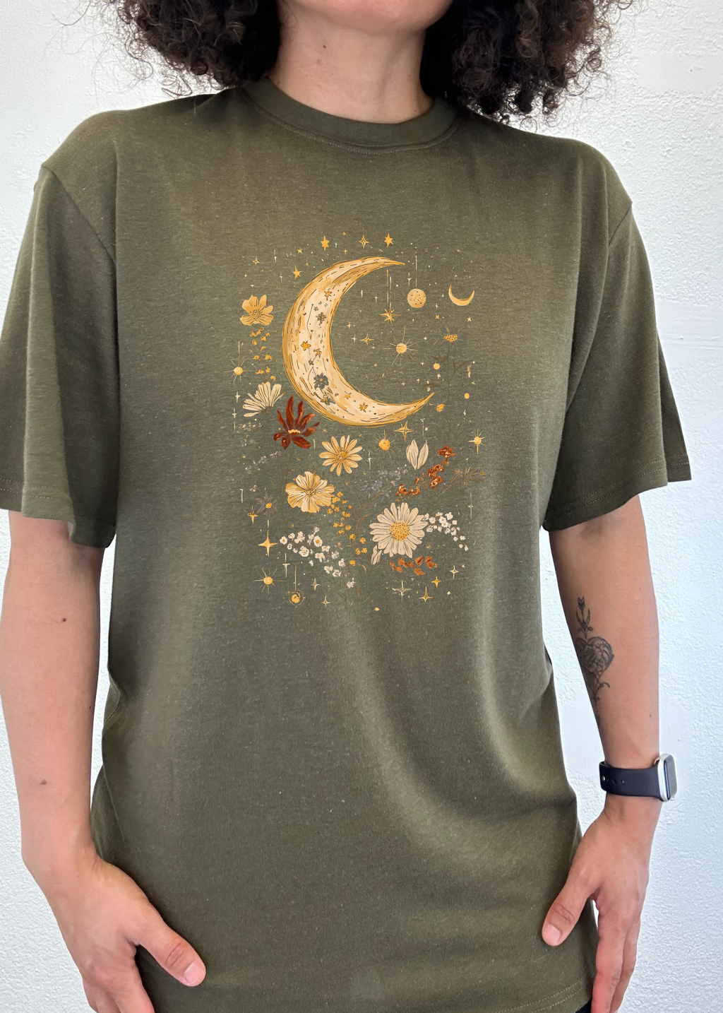 Spun Bamboo Celestial Moon Boho Flowers Vintage Unisex Bamboo/Cotton Graphic T-Shirt