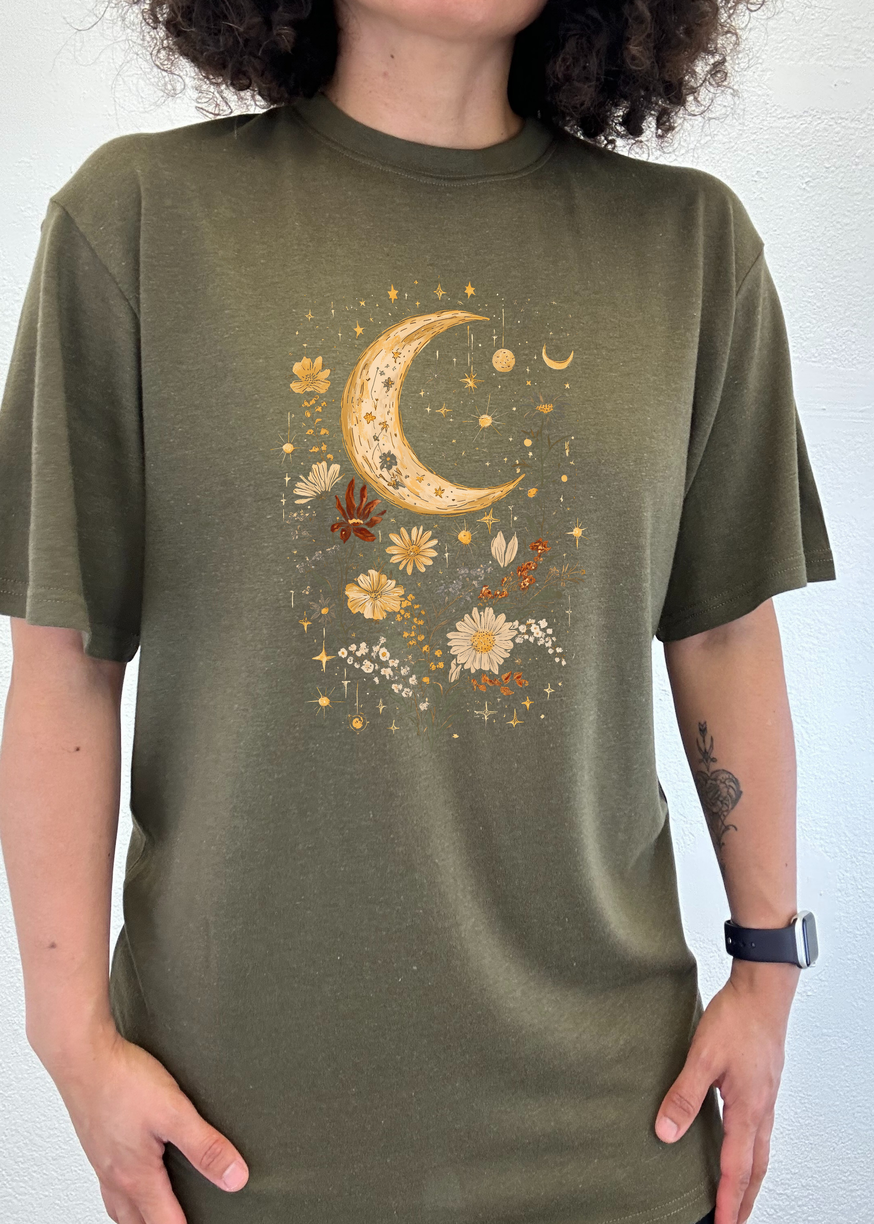 Spun Bamboo Celestial Moon Boho Flowers Vintage Unisex Bamboo/Cotton Graphic T-Shirt
