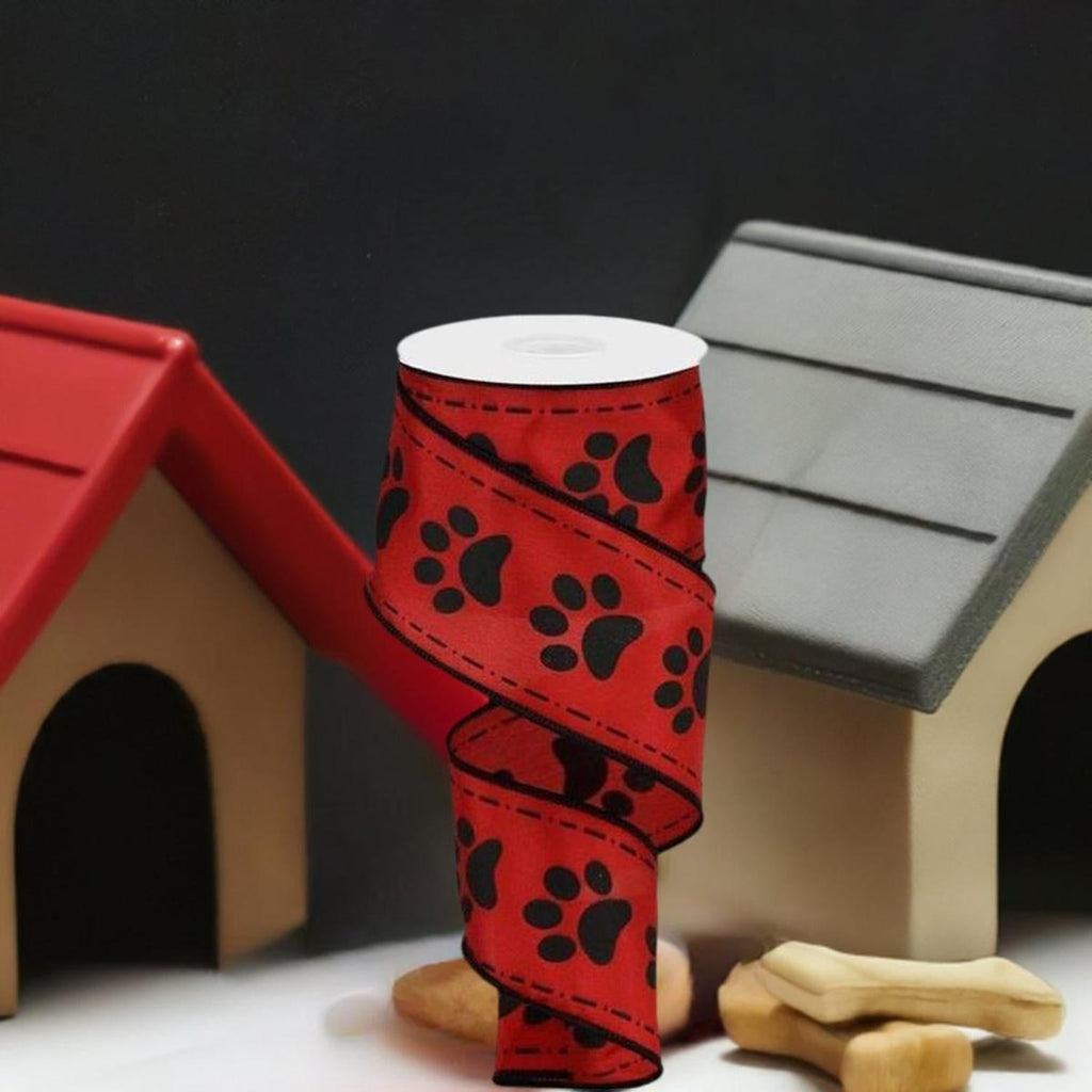 2.5" Large Paw Print Satin Ribbon: Red (10 Yards)