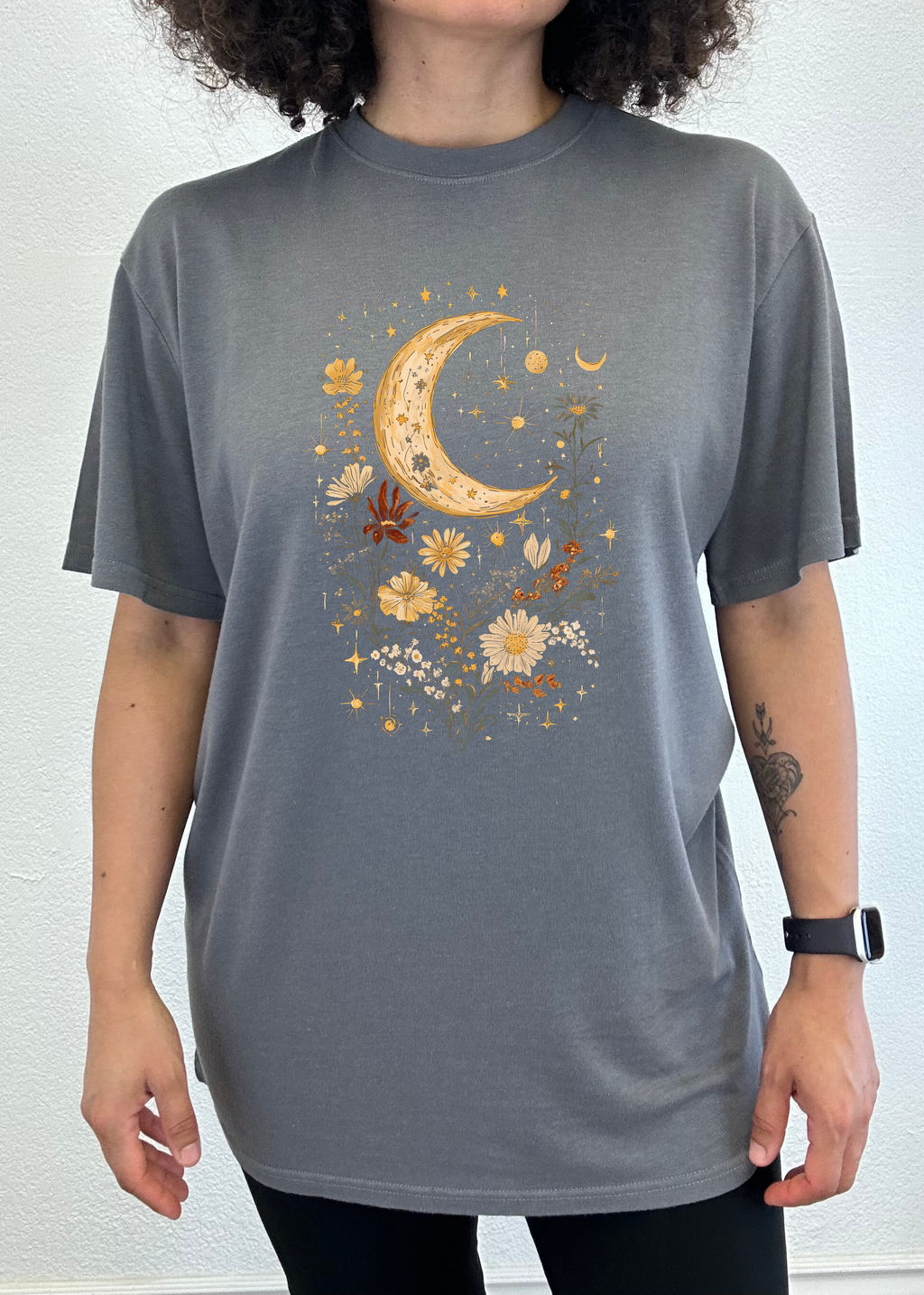 Spun Bamboo Celestial Moon Boho Flowers Vintage Unisex Bamboo/Cotton Graphic T-Shirt