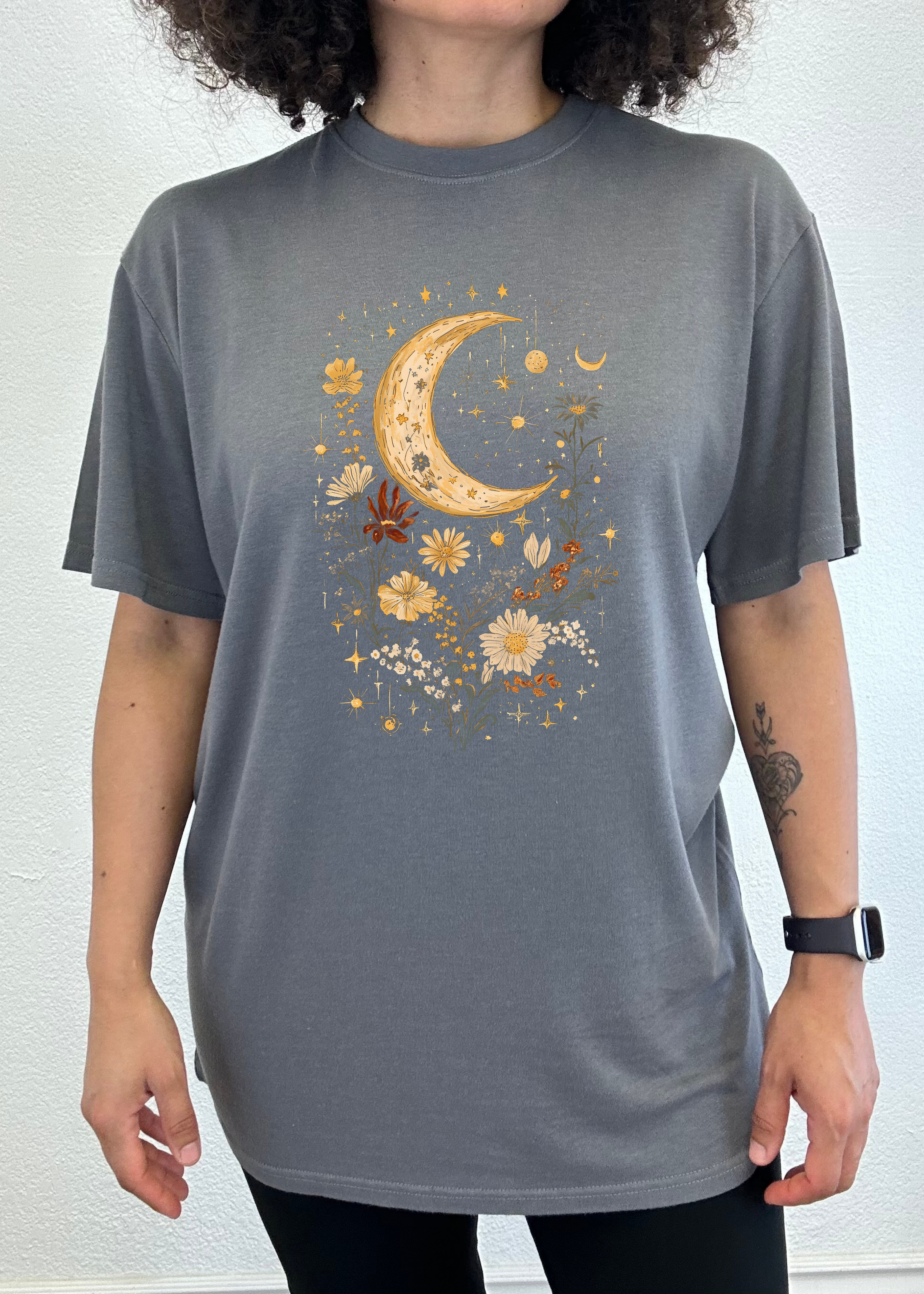 Spun Bamboo Celestial Moon Boho Flowers Vintage Unisex Bamboo/Cotton Graphic T-Shirt