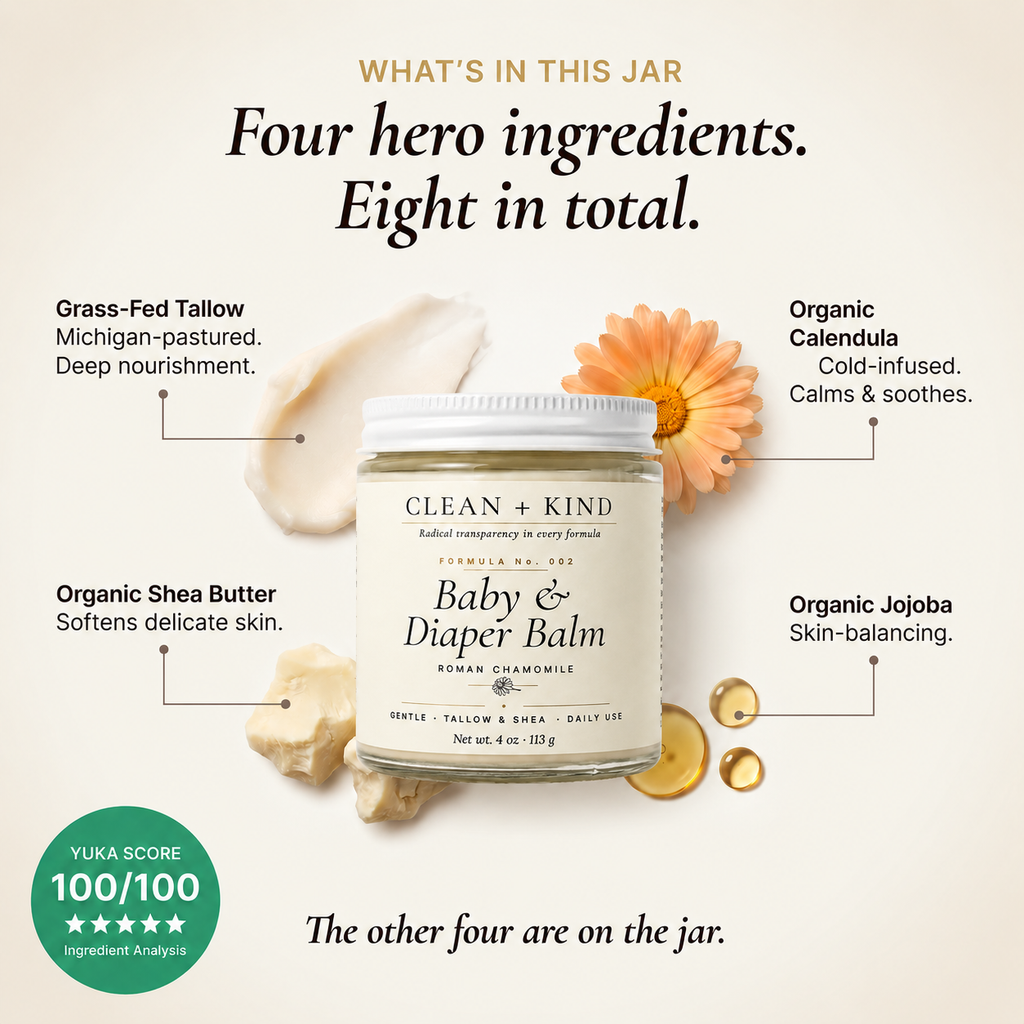 Clean + Kind Baby & Diaper Balm — Grass-Fed Tallow, Shea & Roman Chamomile, 4 oz