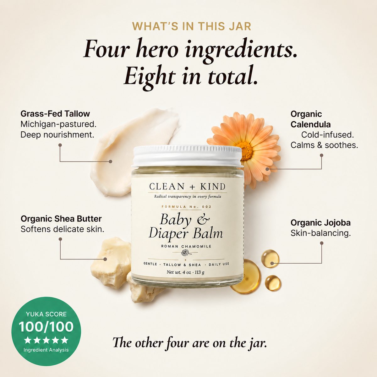 Clean + Kind Baby & Diaper Balm — Grass-Fed Tallow, Shea & Roman Chamomile, 4 oz