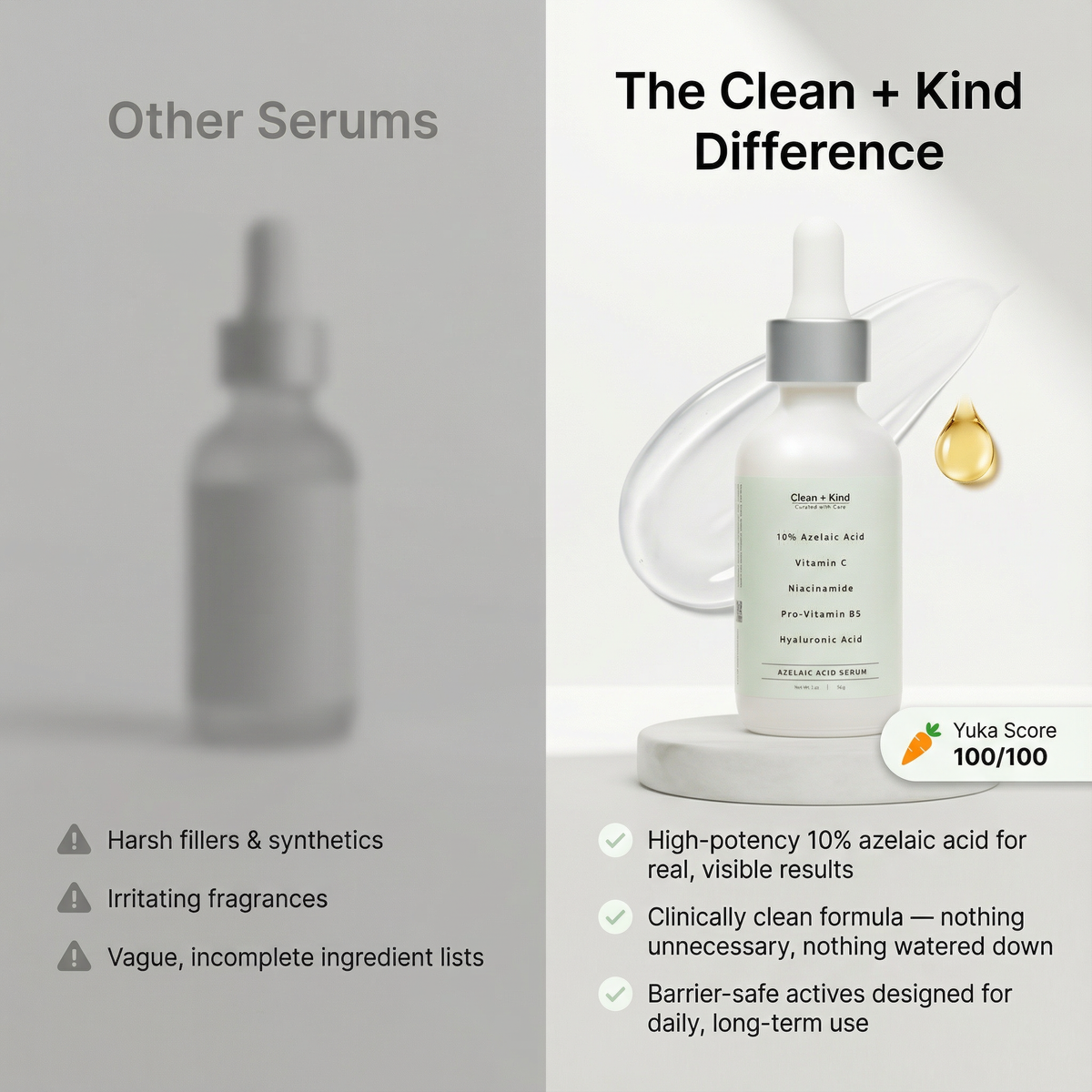 Clean + Kind Azelaic Acid Serum 10% — Silicone-Free, Fragrance-Free, 2 oz