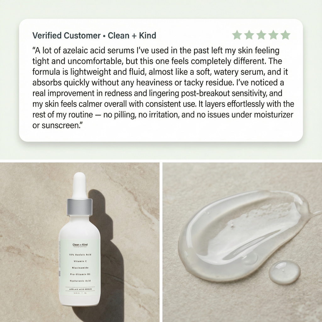 Clean + Kind Azelaic Acid Serum 10% — Silicone-Free, Fragrance-Free, 2 oz