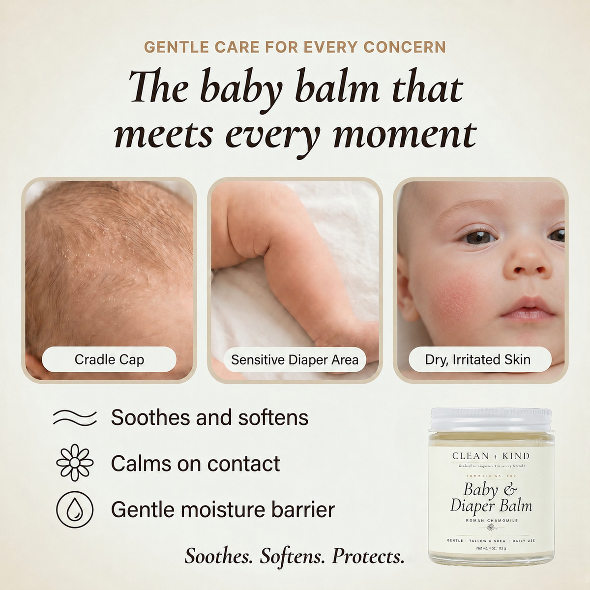 Clean + Kind Baby & Diaper Balm — Grass-Fed Tallow, Shea & Roman Chamomile, 4 oz