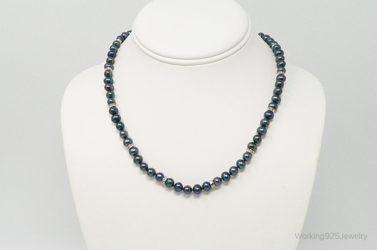 Vintage Tahitian Pearl Cubic Zirconia Sterling Silver String Necklace