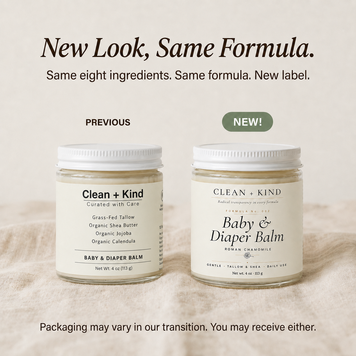 Clean + Kind Baby & Diaper Balm — Grass-Fed Tallow, Shea & Roman Chamomile, 4 oz