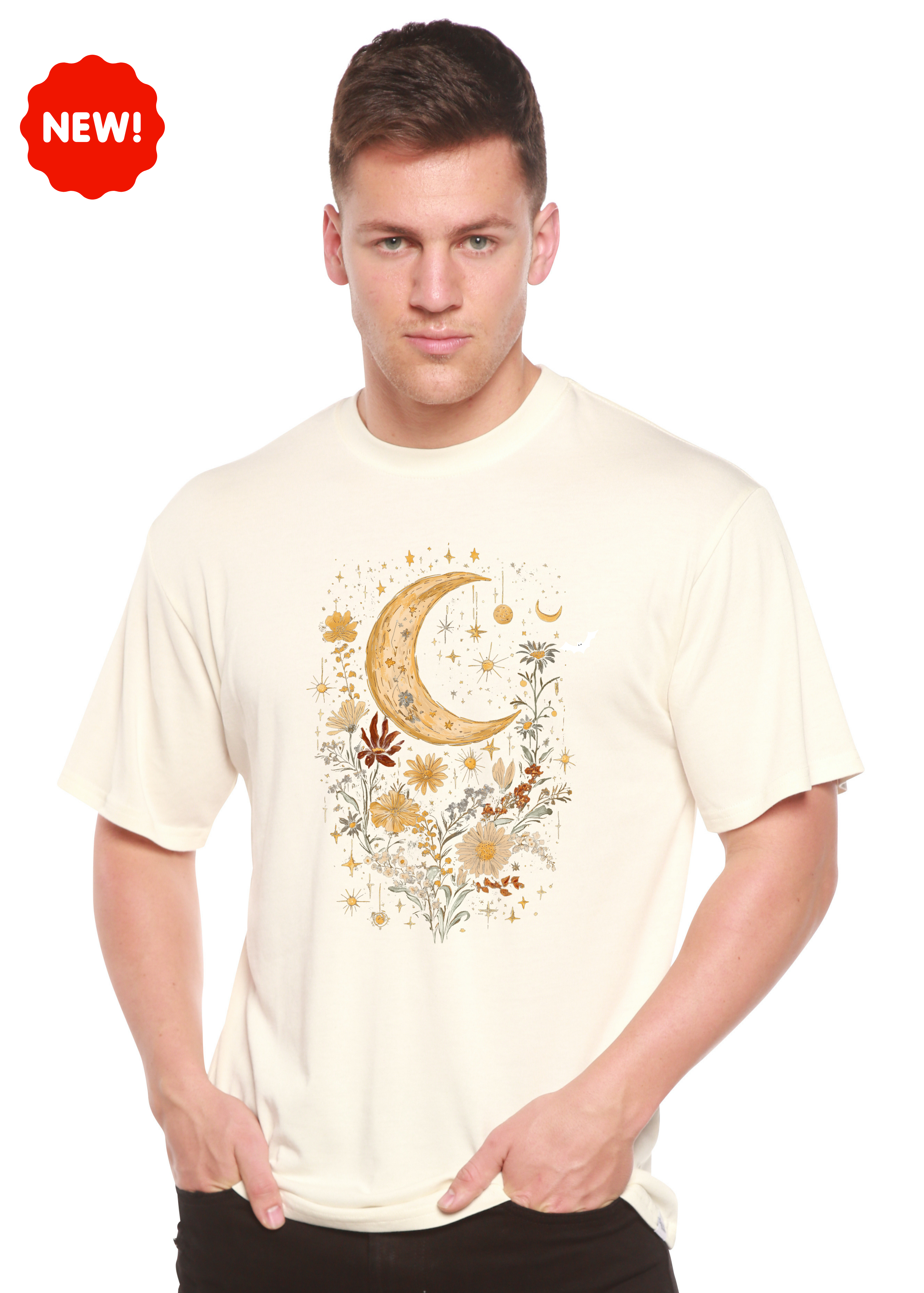 Spun Bamboo Celestial Moon Boho Flowers Vintage Unisex Bamboo/Cotton Graphic T-Shirt