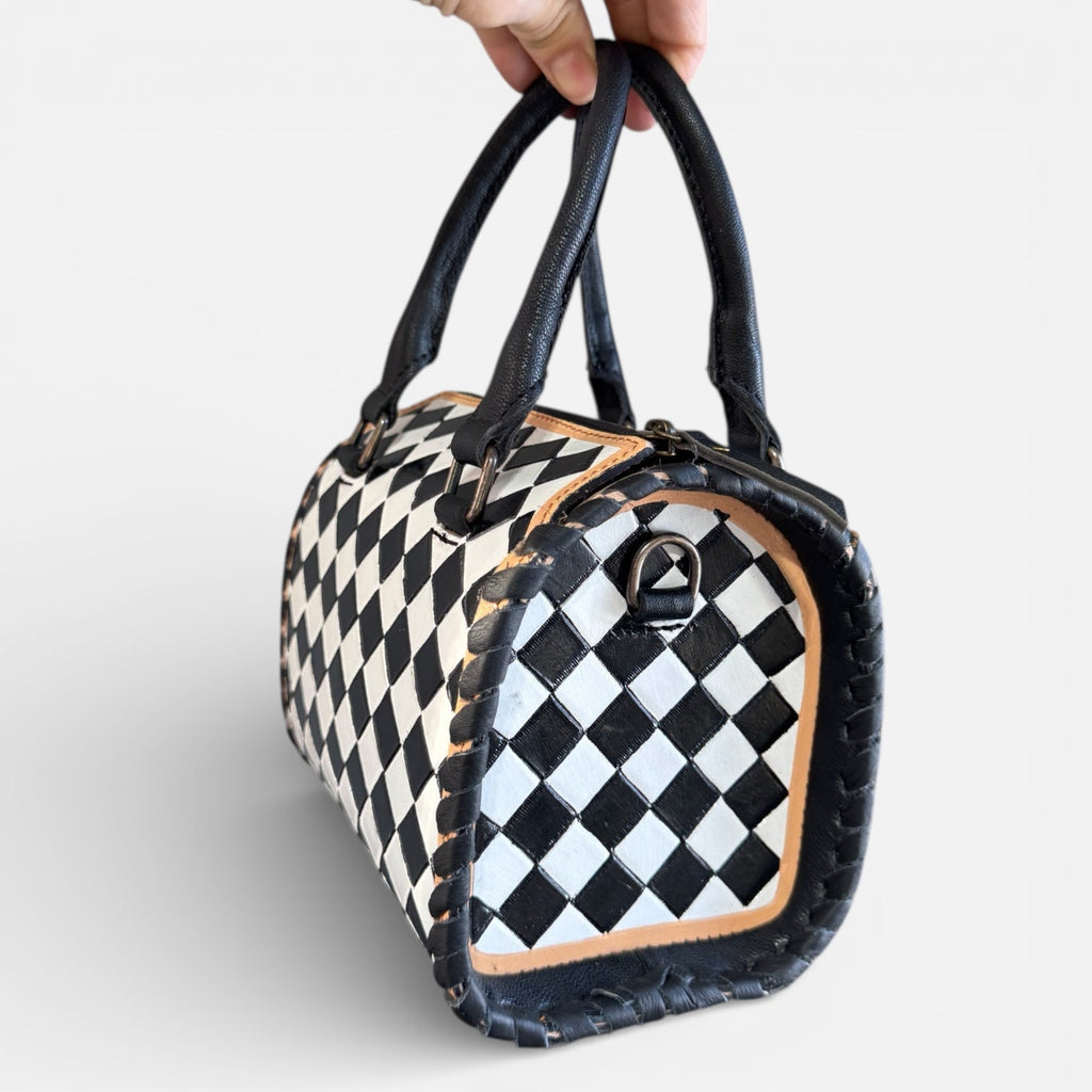 Black and White Speedy Checkered Genuine Western Cowhide Leather Purse