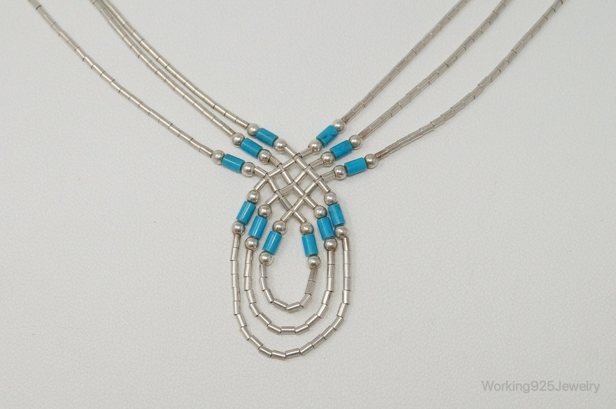 Vintage Native American Unsigned Turquoise Sterling Silver Bead Necklace