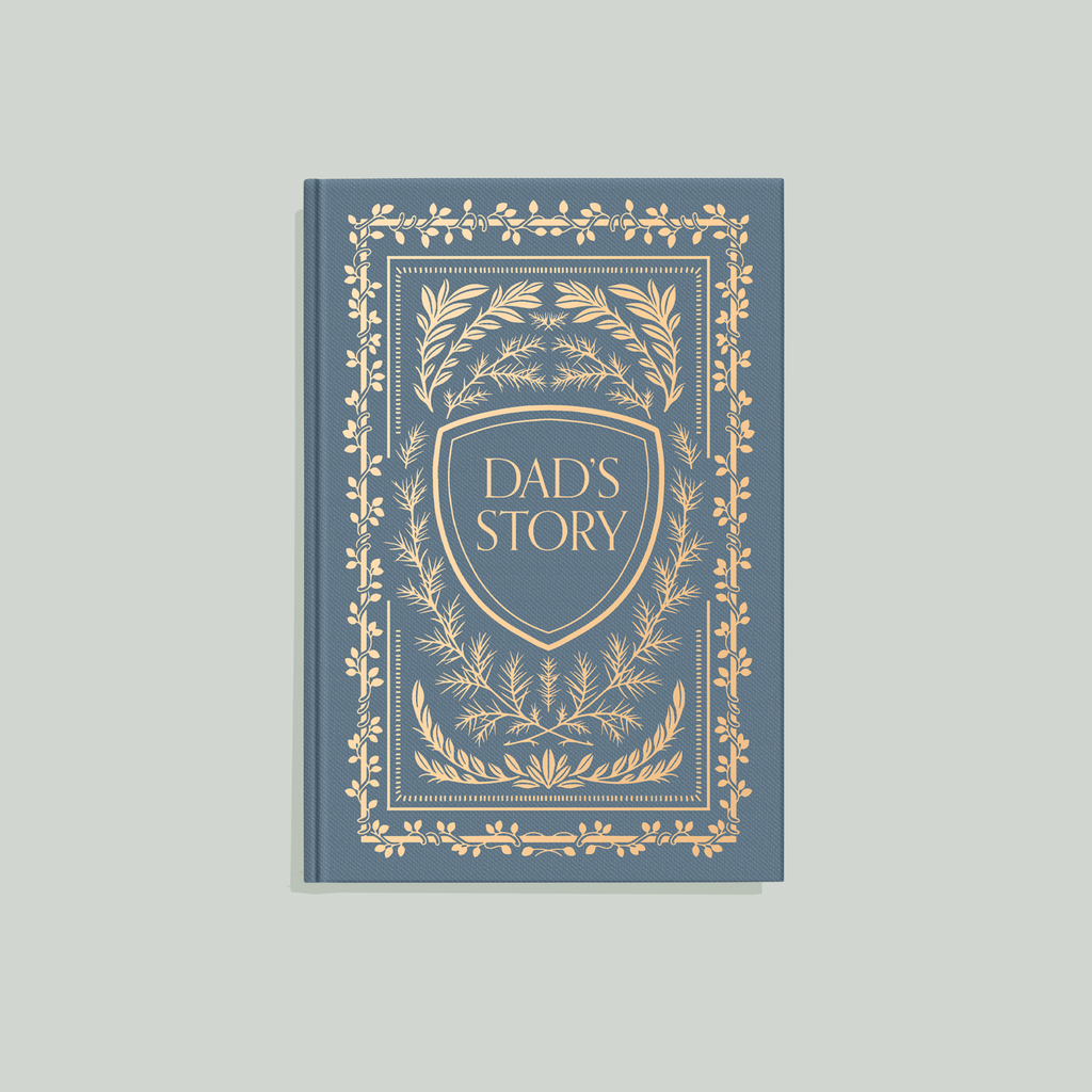 Book titled 'Dad's Story' with decorative cover on a light gray background
