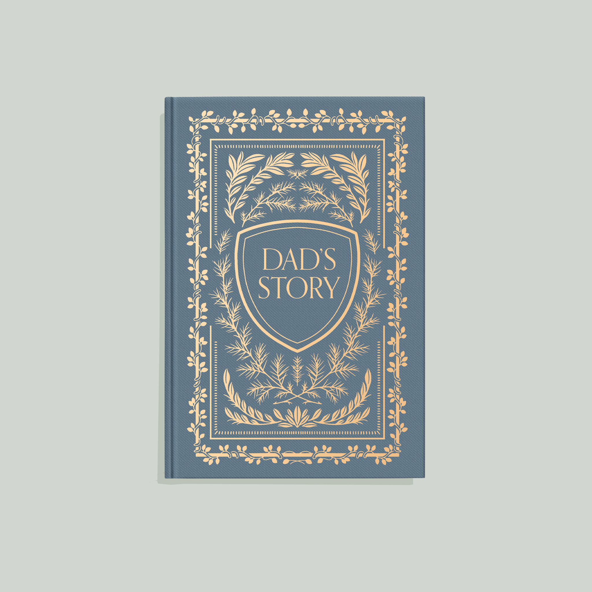 Book titled 'Dad's Story' with decorative cover on a light gray background