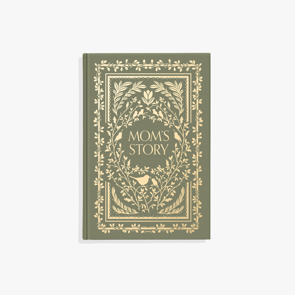Book titled 'Mom's Story' with decorative cover on a white background