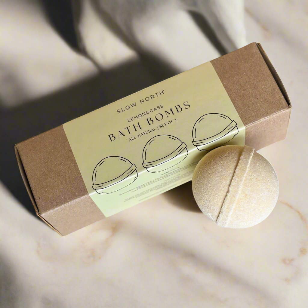Box of Slow North Lemongrass Bath Bombs on a marble surface