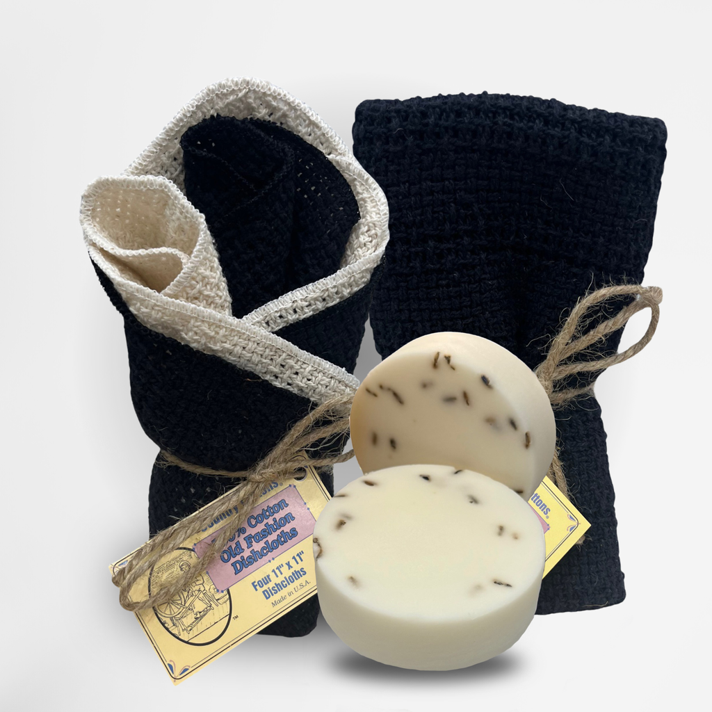 Carolina Cottons Starter Kit 100% Cotton Dishcloth 11" x 11" (4), Kitchen Towel 24" x 15" (2), Dish Soaps (1 Each Scent)