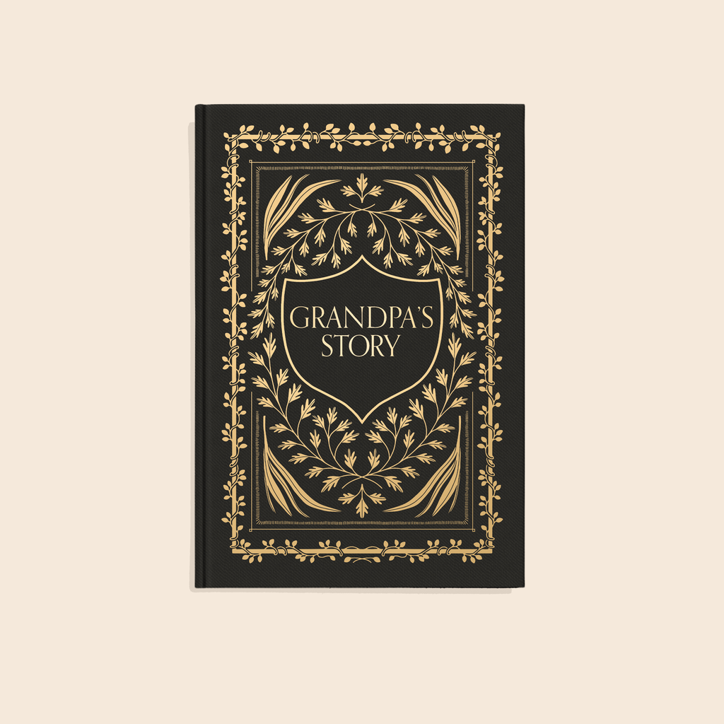 Book titled 'Grandpa's Story' with decorative gold design on a beige background