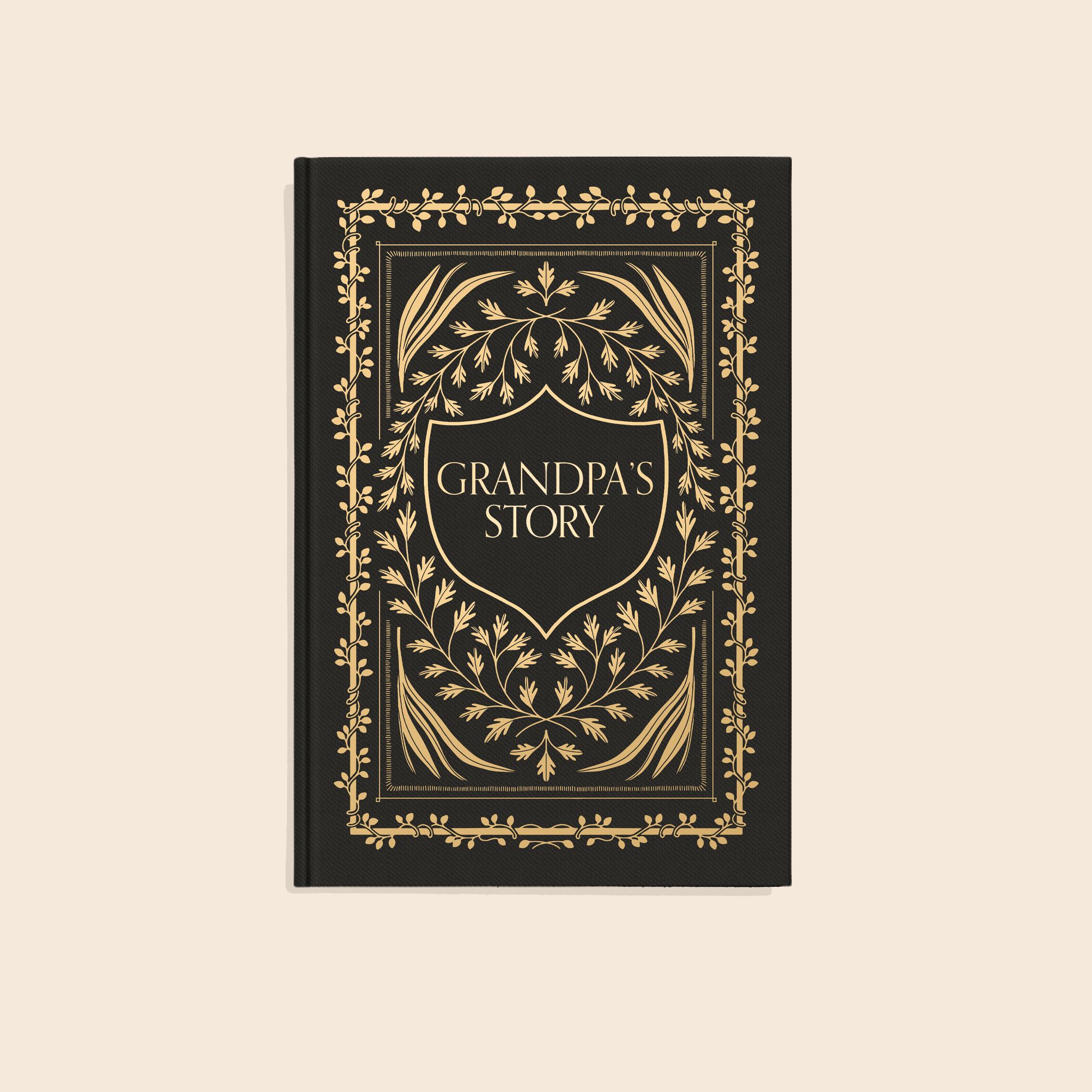 Book titled 'Grandpa's Story' with decorative gold design on a beige background