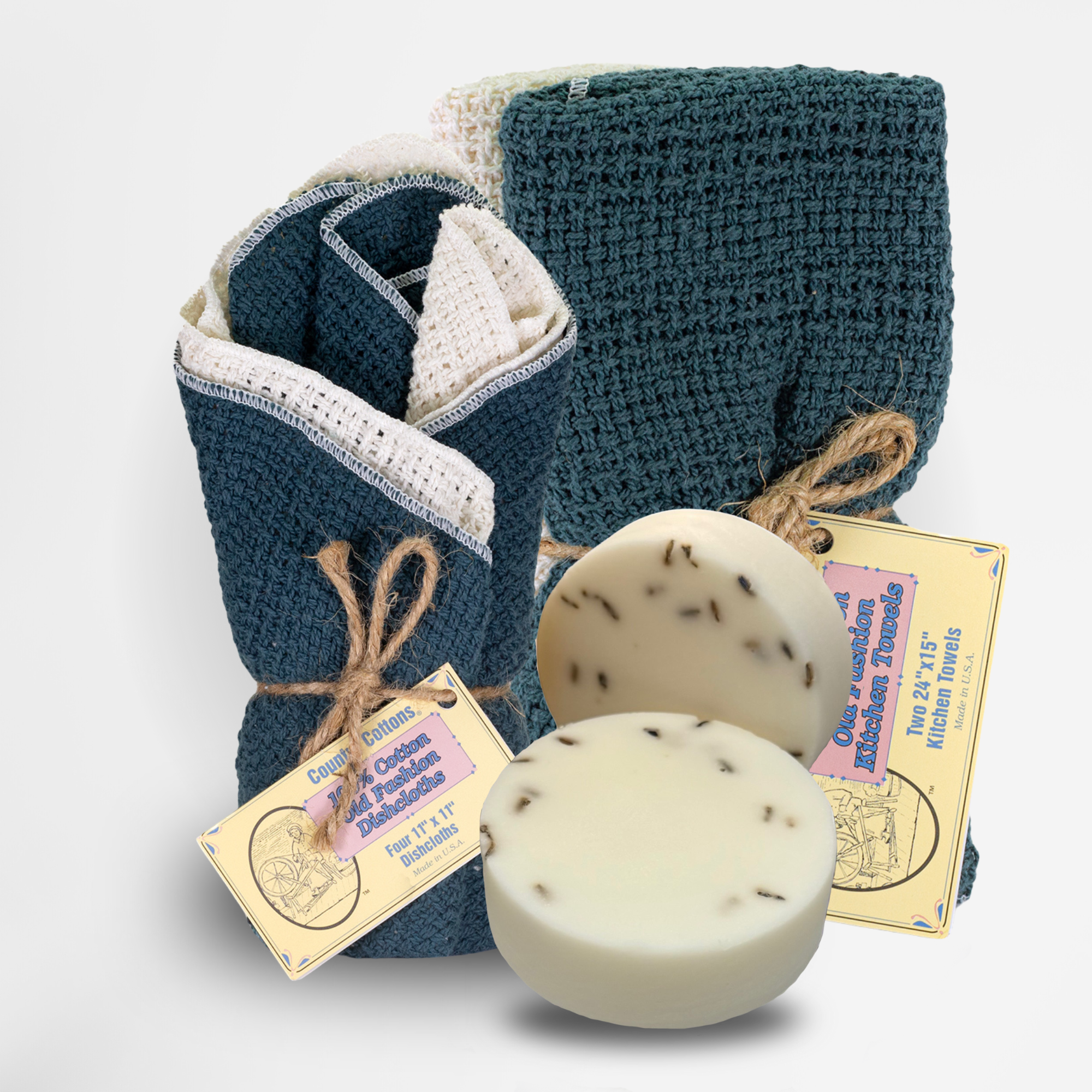Carolina Cottons Starter Kit 100% Cotton Dishcloth 11" x 11" (4), Kitchen Towel 24" x 15" (2), Dish Soaps (1 Each Scent)