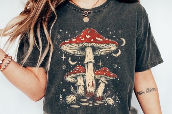 Spun Bamboo Boho Retro Hippie Mushrooms Natural Unisex Bamboo/Cotton Graphic T-Shirt