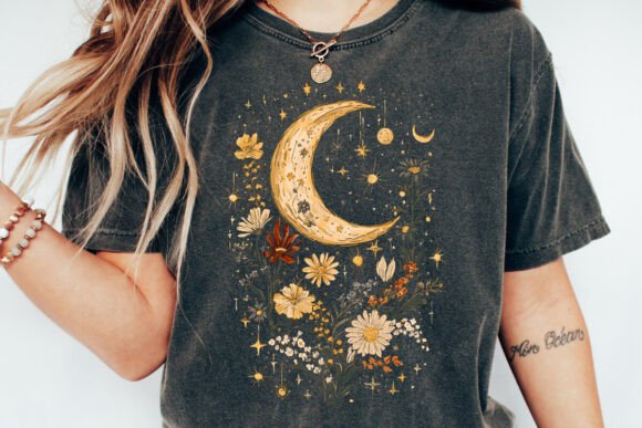 Spun Bamboo Celestial Moon Boho Flowers Vintage Unisex Bamboo/Cotton Graphic T-Shirt
