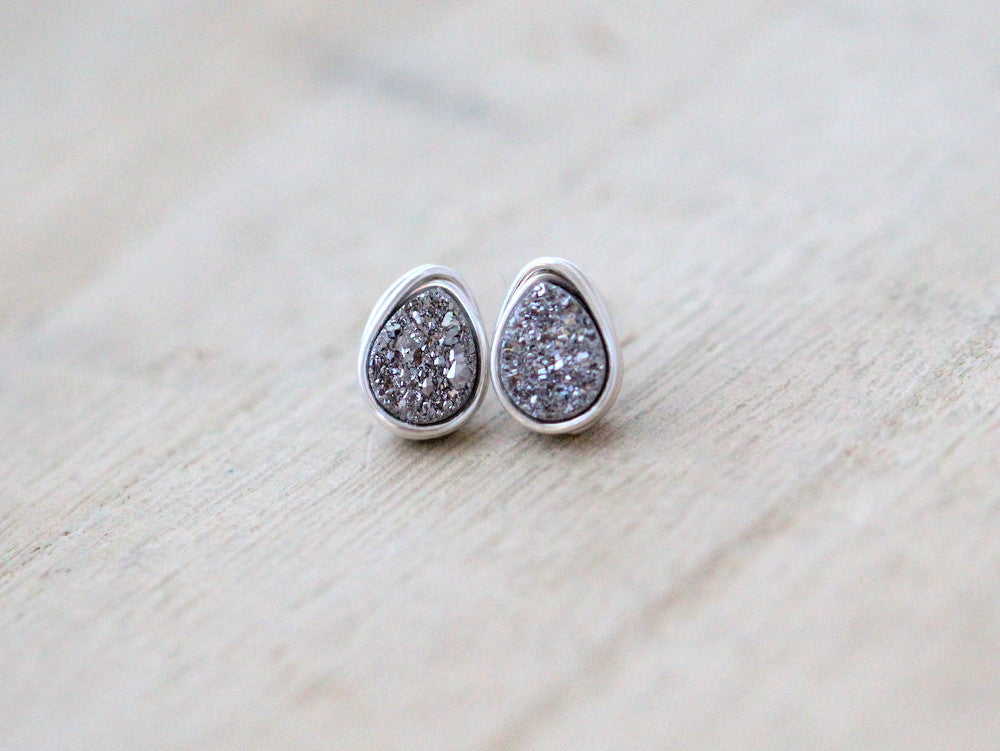 Druzy Teardrop Studs - Platinum