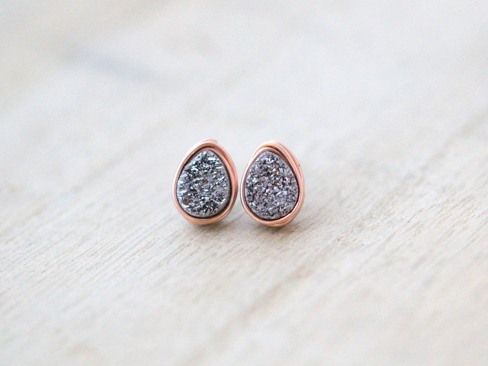 Druzy Teardrop Studs - Platinum