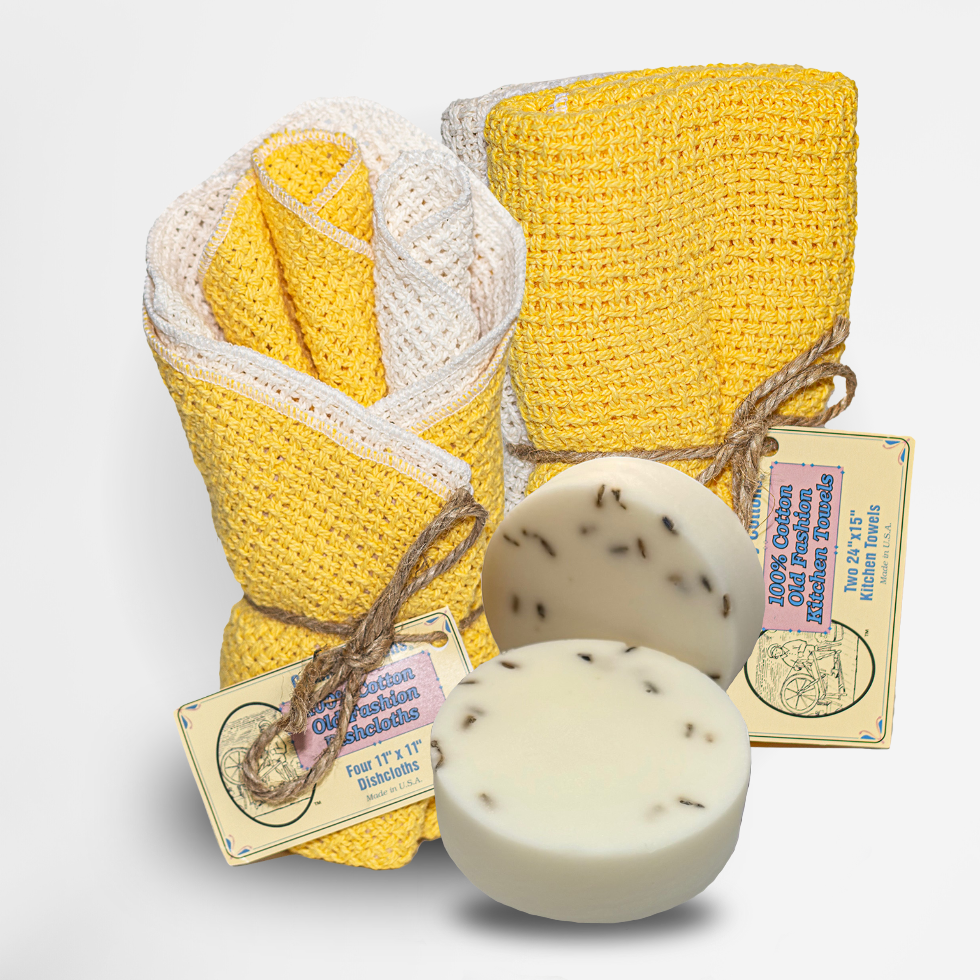 Carolina Cottons Starter Kit 100% Cotton Dishcloth 11" x 11" (4), Kitchen Towel 24" x 15" (2), Dish Soaps (1 Each Scent)