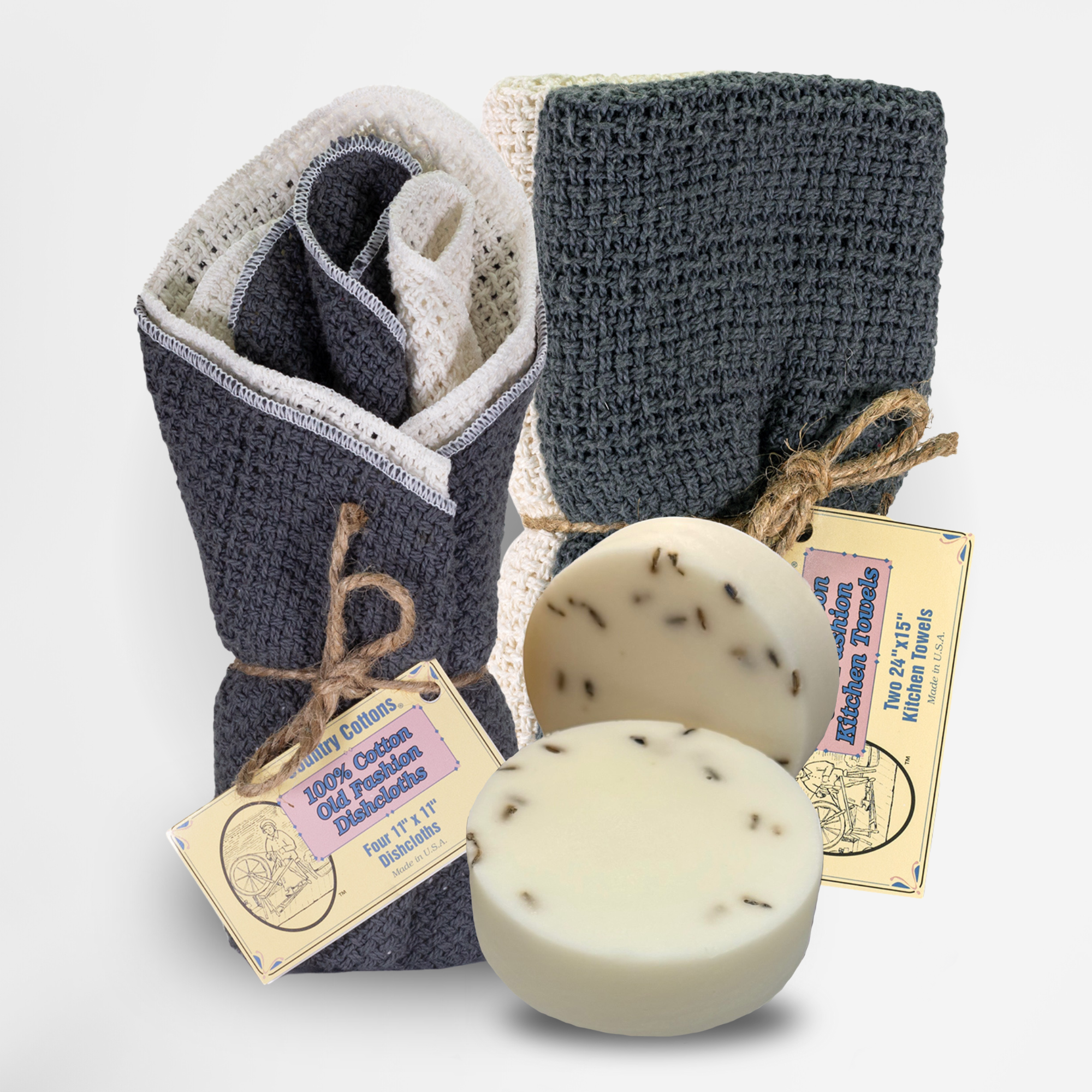 Carolina Cottons Starter Kit 100% Cotton Dishcloth 11" x 11" (4), Kitchen Towel 24" x 15" (2), Dish Soaps (1 Each Scent)