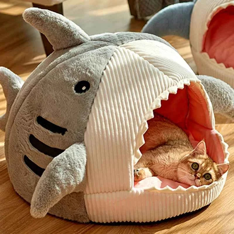 Cute Shark Cat Bed Cave (Up to 20.9 in) - Enclosed Portable Pet Tent Winter Warm