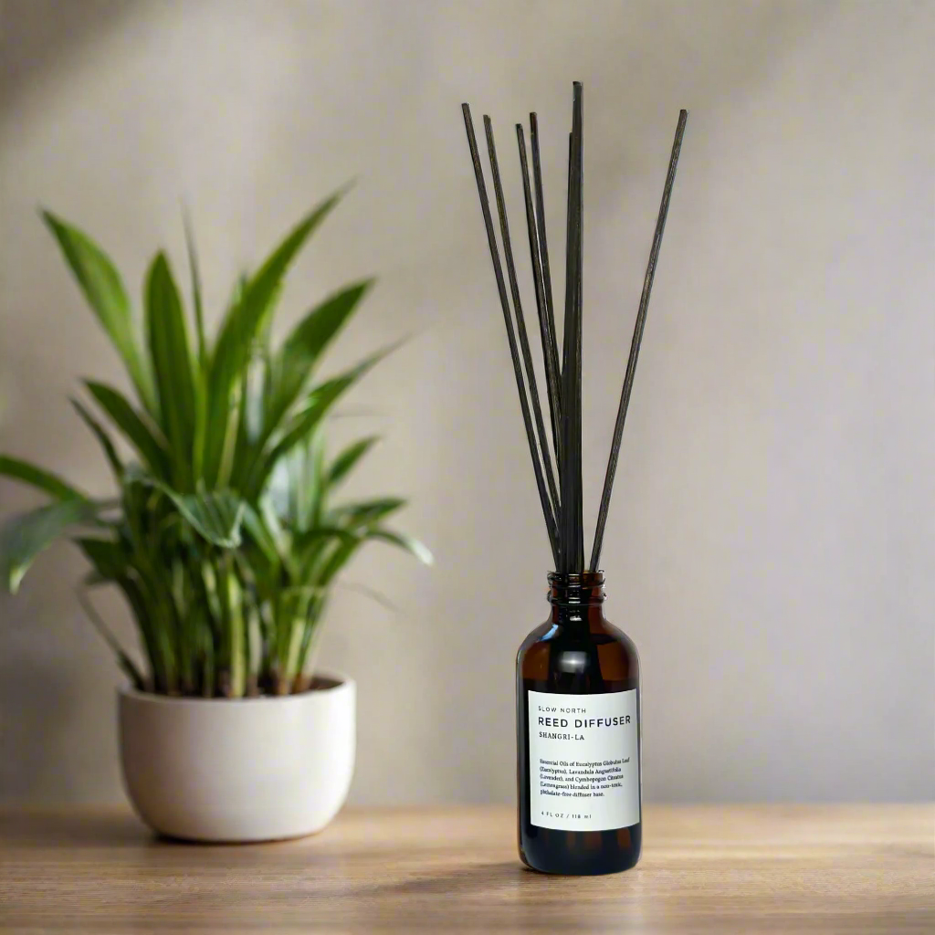 Reed diffuser with black sticks in a brown bottle on a wooden surface next to a potted plant.