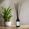 Reed diffuser with black sticks in a brown bottle on a wooden surface next to a potted plant.