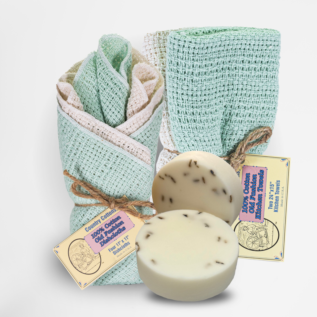 Carolina Cottons Starter Kit 100% Cotton Dishcloth 11" x 11" (4), Kitchen Towel 24" x 15" (2), Dish Soaps (1 Each Scent)