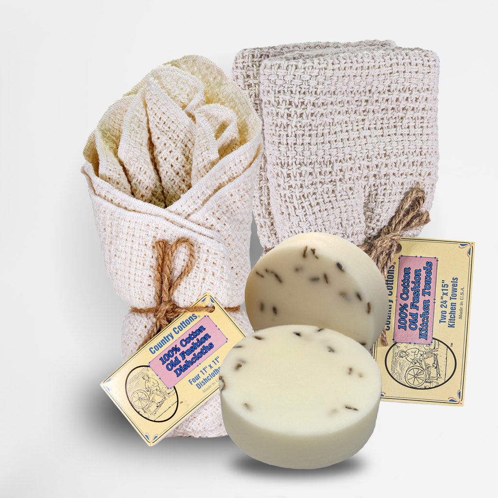 Carolina Cottons Starter Kit 100% Cotton Dishcloth 11" x 11" (4), Kitchen Towel 24" x 15" (2), Dish Soaps (1 Each Scent)