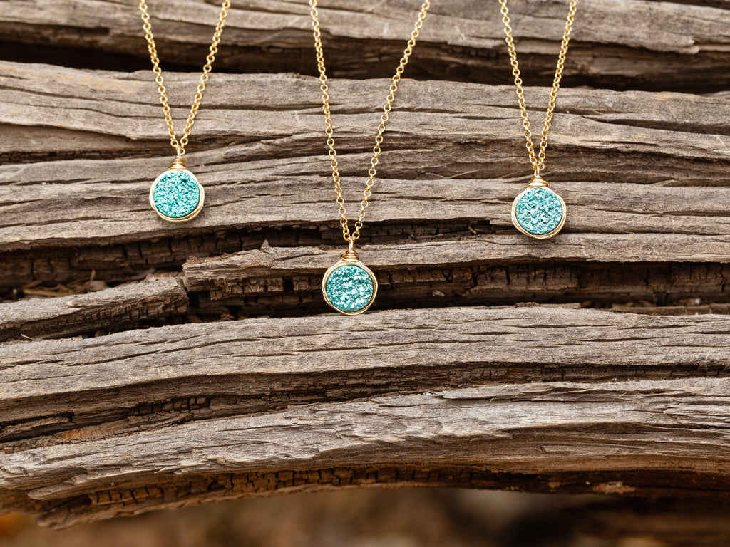 Petite Druzy Bezel Pendant Necklace - Teal