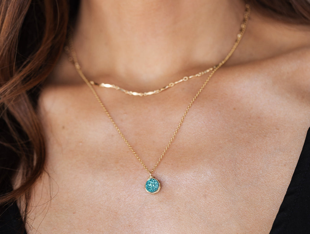 Petite Druzy Bezel Pendant Necklace - Teal