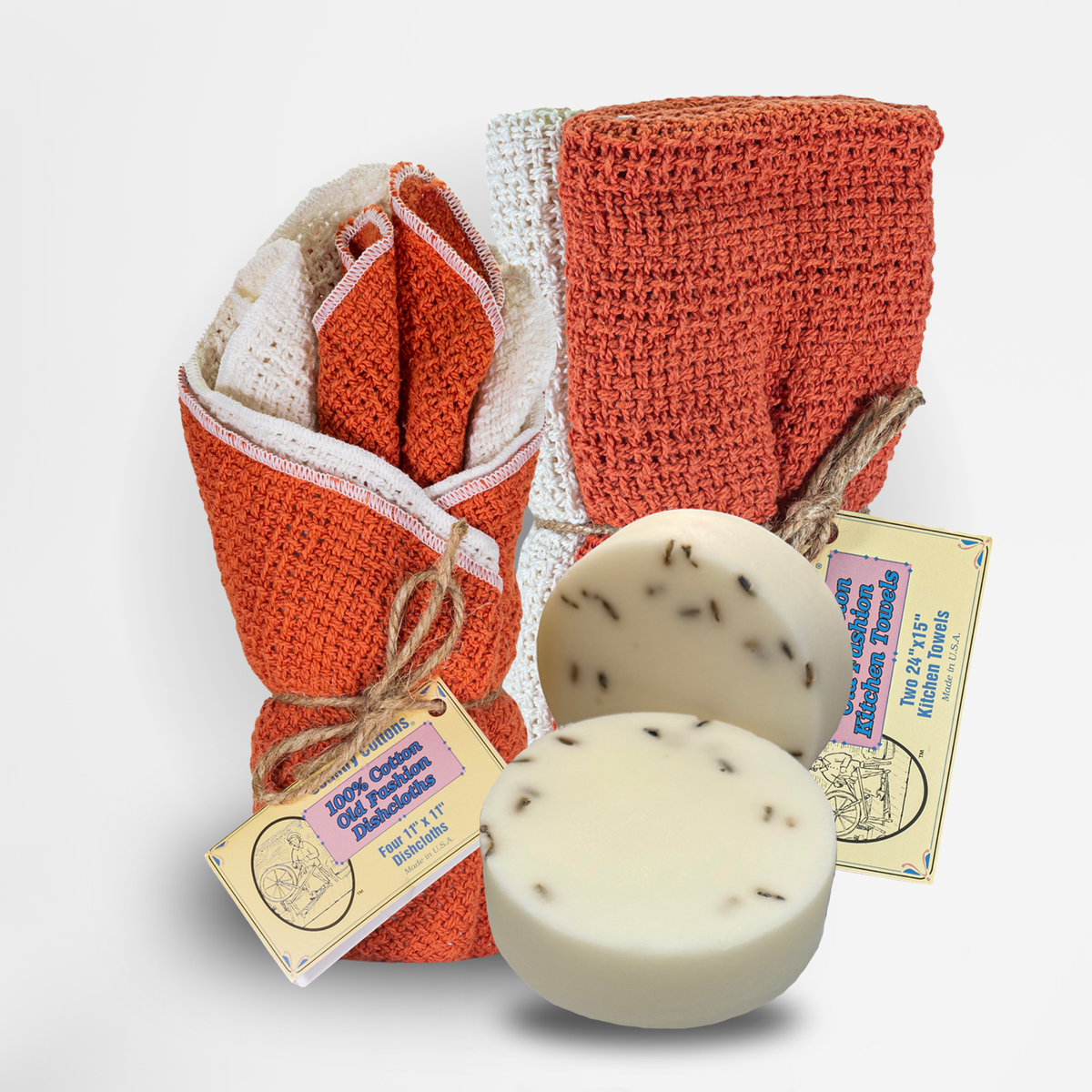 Carolina Cottons Starter Kit 100% Cotton Dishcloth 11" x 11" (4), Kitchen Towel 24" x 15" (2), Dish Soaps (1 Each Scent)