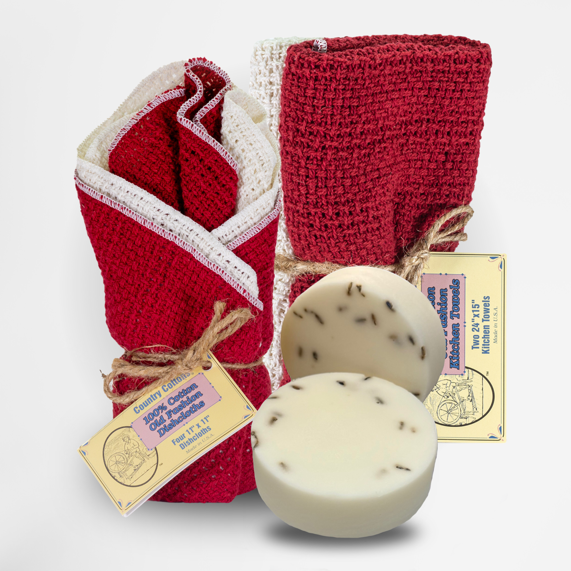 Carolina Cottons Starter Kit 100% Cotton Dishcloth 11" x 11" (4), Kitchen Towel 24" x 15" (2), Dish Soaps (1 Each Scent)