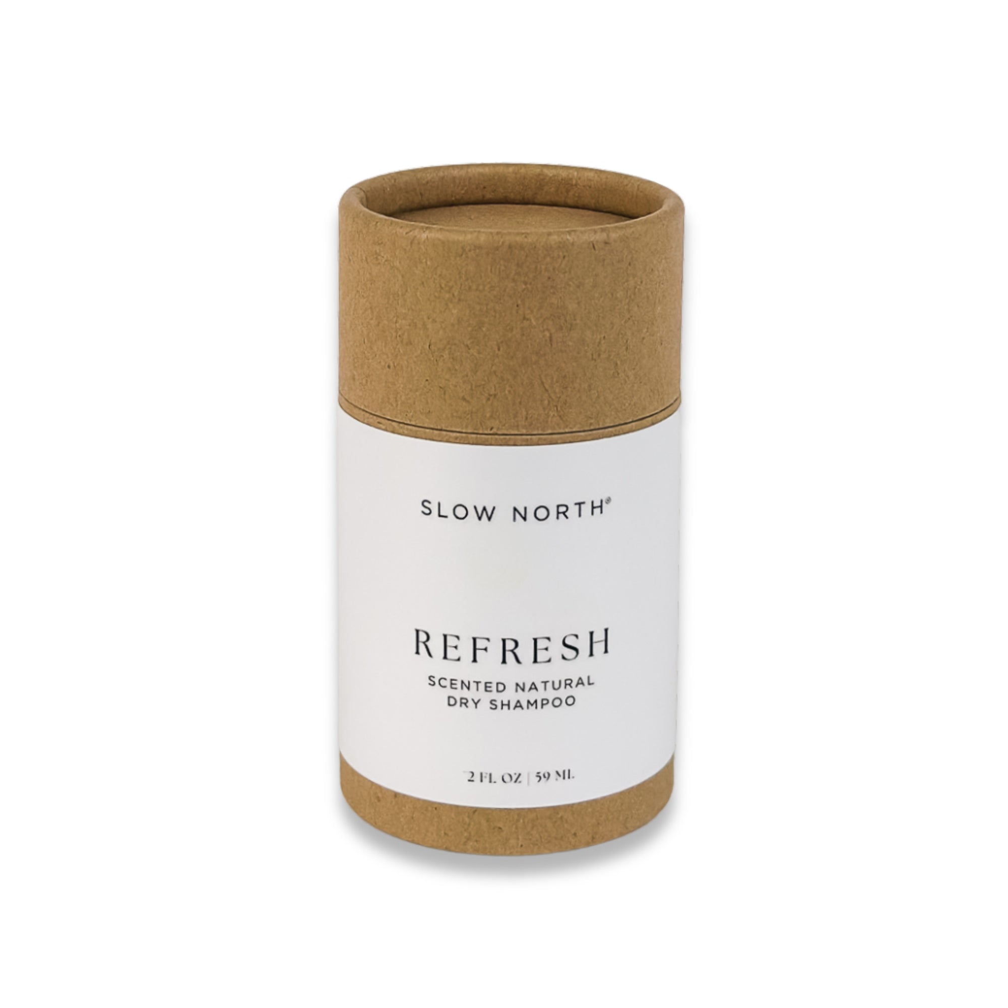 Scented natural dry shampoo container with 'Slow North' branding on a white background