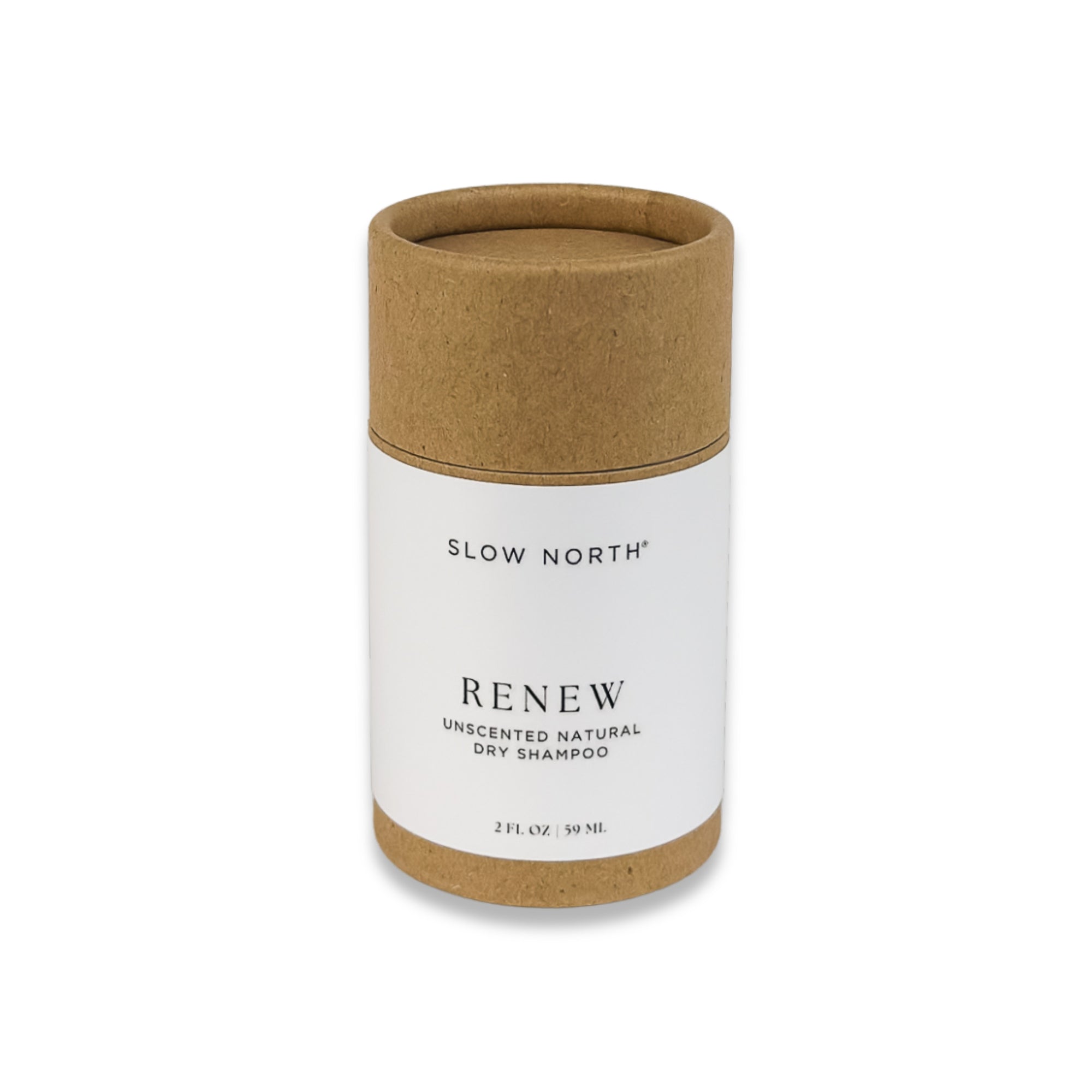 Dry shampoo container with brown lid and white label on a white background
