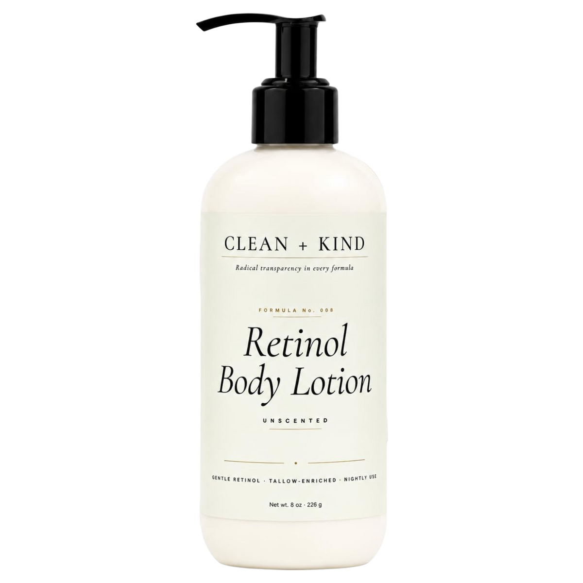 Clean + Kind Retinol Body Lotion, 8 oz — Grass-Fed Tallow, Niacinamide, Shea, Jojoba, & Hyaluronic Acid
