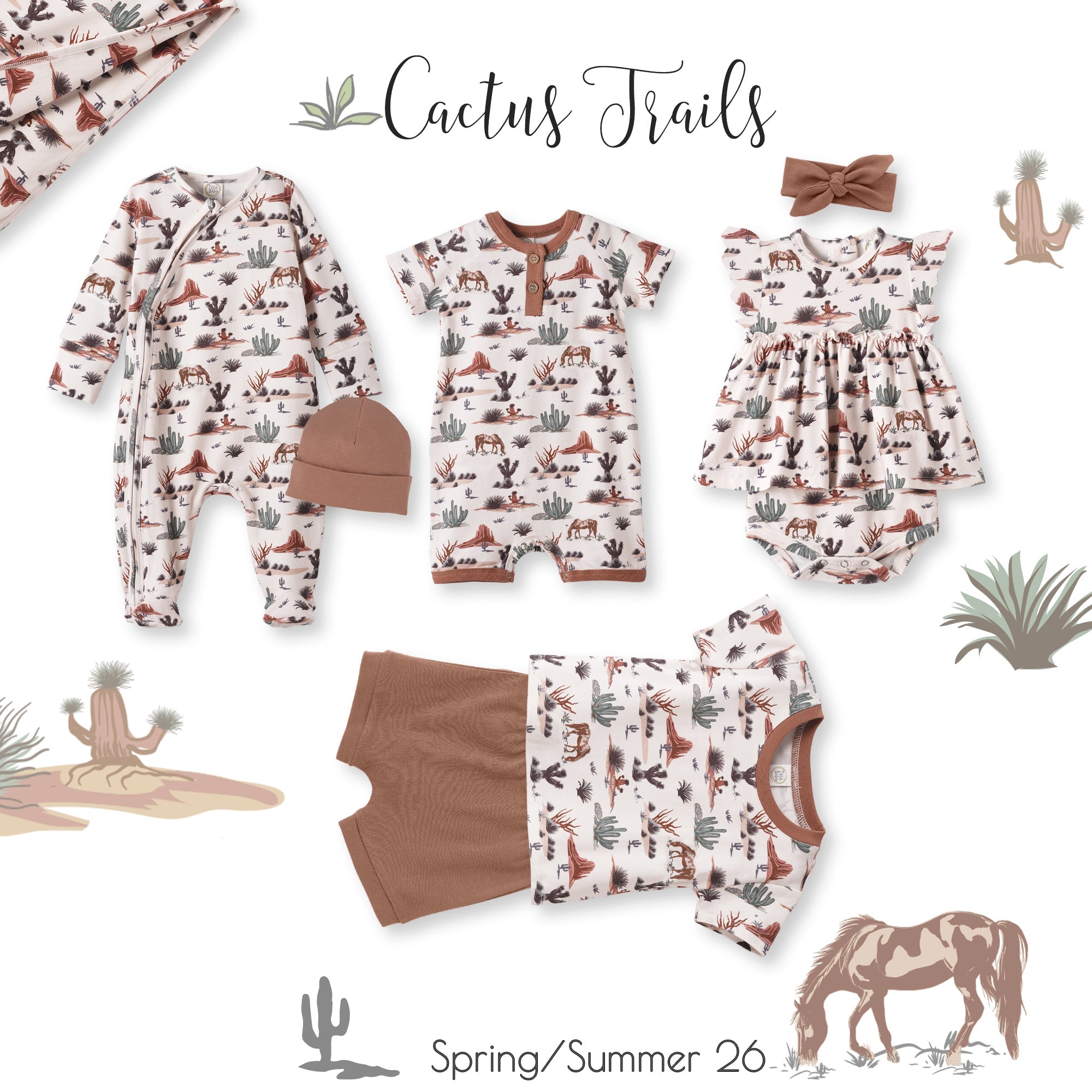 Baby Girl Skirted Bodysuit – Soft Bamboo Cactus Trails