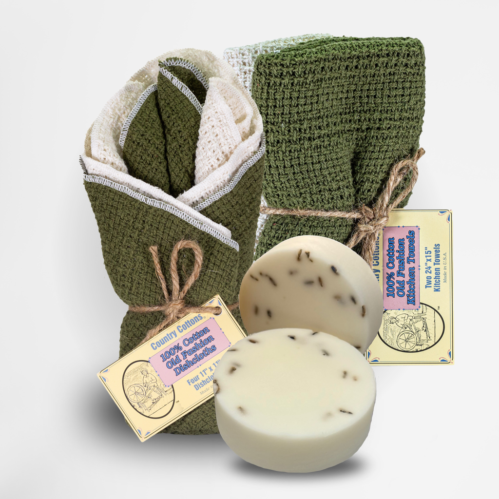 Carolina Cottons Starter Kit 100% Cotton Dishcloth 11" x 11" (4), Kitchen Towel 24" x 15" (2), Dish Soaps (1 Each Scent)
