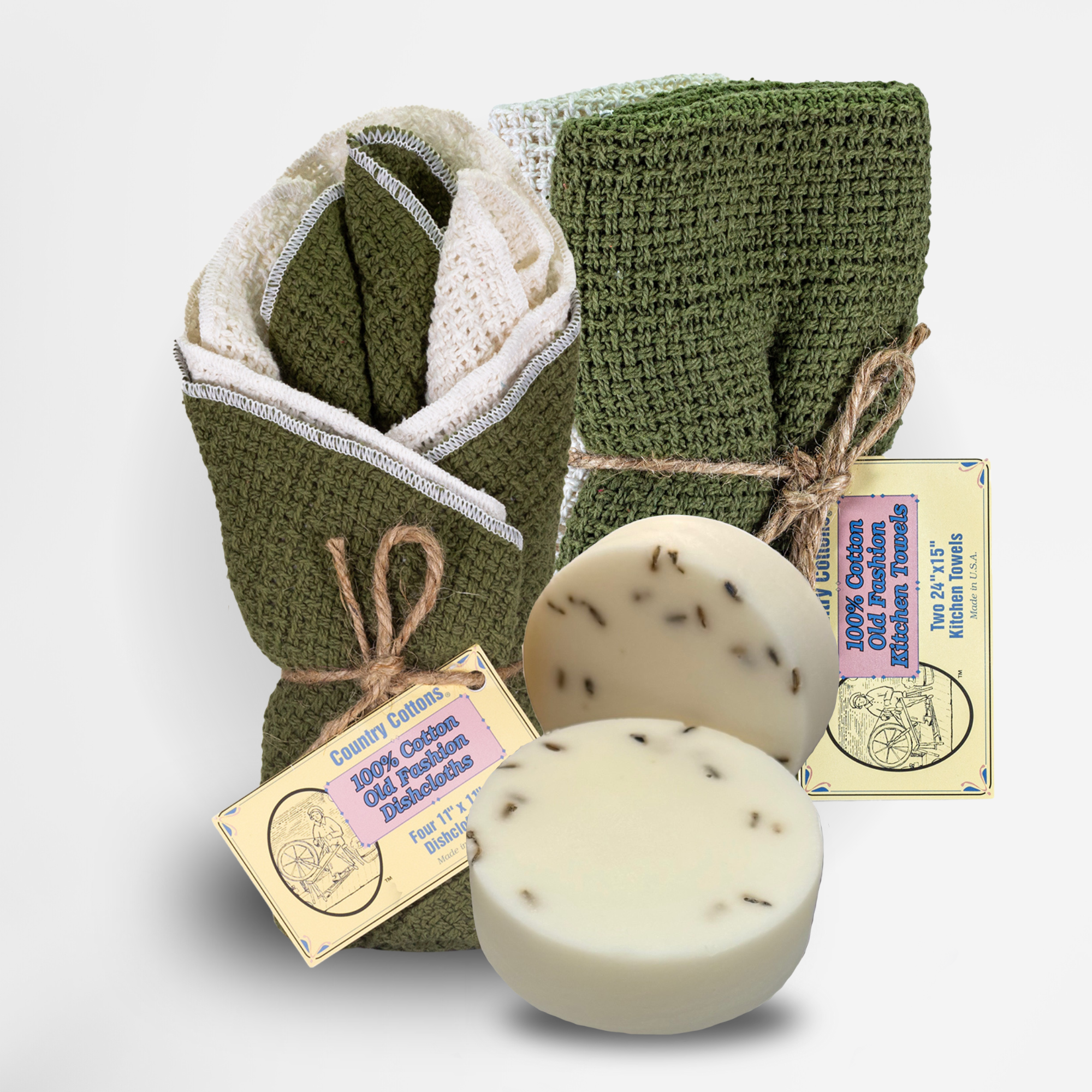 Carolina Cottons Starter Kit 100% Cotton Dishcloth 11" x 11" (4), Kitchen Towel 24" x 15" (2), Dish Soaps (1 Each Scent)